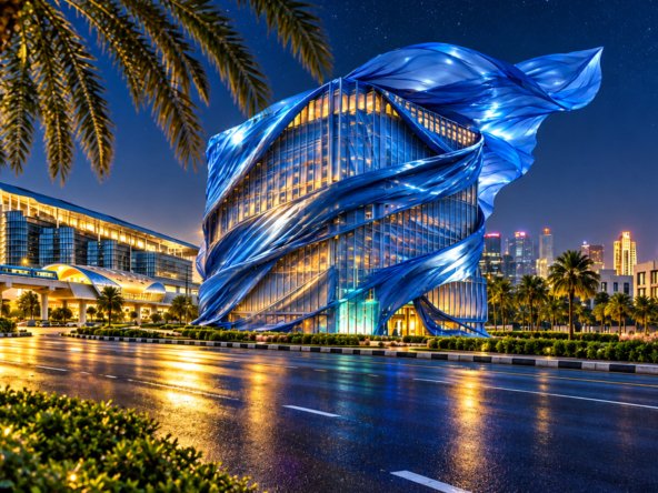 Starfall Dubai luxury development at night with futuristic architecture and Dubai skyline