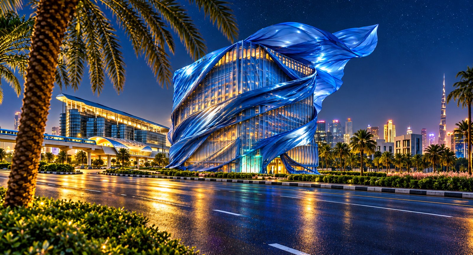 Starfall Dubai luxury development at night with futuristic architecture and Dubai skyline